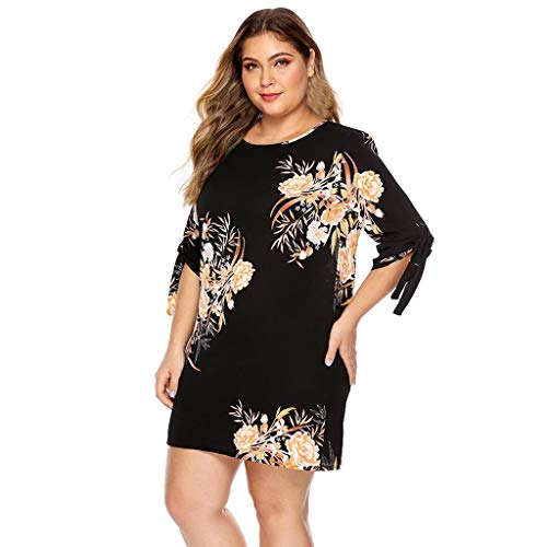 Plus Size Mini Dress,Kingwo Women Fashion Flower Print Casual Loose Sundress Girls O-Neck Short Sleeve Shrink Band Print Short Dress(Black,XXXL)