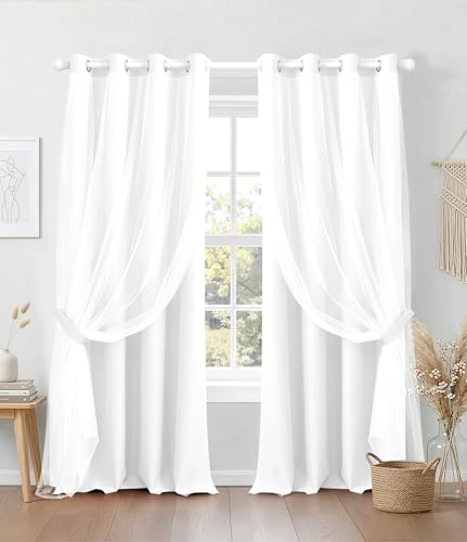 Image of 100% Blackout Sheer Curtains for Bedroom, White, 52 x 120 inch, 2 Panels | For Living Room Window, Room Darkening, Thermal Insulated, Grommet Top, Summer Heat Blocking, Double Layer Design
