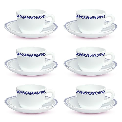 Image of Larah by BOROSIL Jazzblue Opalware Set - 6 x 140ml Cups and 6 Saucer (12 Pieces) | Microwave and Dishwasher Safe | Crockery Set Ideal for Tea, Coffee, and Casual Meals