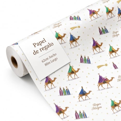 Rollo de papel para envolver regalos, Papel Regalo Cumpleaños, Papel Regalo Navidad, Papel navideño, Tamaño 62 cm x 80 Metros, Contiene 1 Rollo con diseños de Reyes Magos