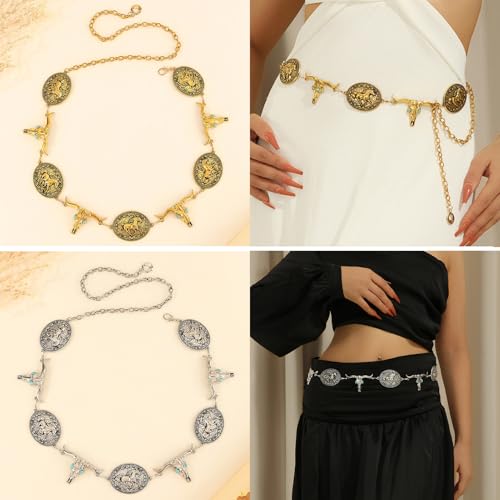 Fold Belts for Women, Adjustable Boho Retro Chain Belt, Metal Waist Chain Belt for Dresses Jeans Western Cowgirl 5