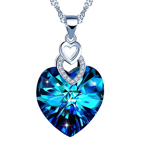 Yumilok Jewelry Collier de femme en 925 argent et cristal bleu, Pendentif cœur de l'océan, orné des pierres brillants, Cadeau parfait de Noël Anniversaire Cover