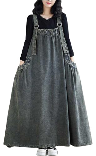 Image of Boho Jumper Dress for Women Loose Overall Pinafore Dresses Adjustable Straps Wide Hemline with Pockets Baggy Style