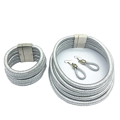 3Pcs Chunky Layered Necklace And Bracelet Earrings Set,Fasihon Ethnic Wide Choker Bib Necklace Egyptian Multi Strands Tribal African Queen Collar Necklace Statement Trendy Jewelry For Women Girls (Gold/Silver) (Silver) #TOP6