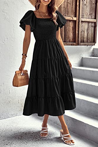 PRETTYGARDEN Women's Casual Summer Midi Dress Puffy Short Sleeve Square Neck Smocked Tiered Ruffle Dresses - Image 6