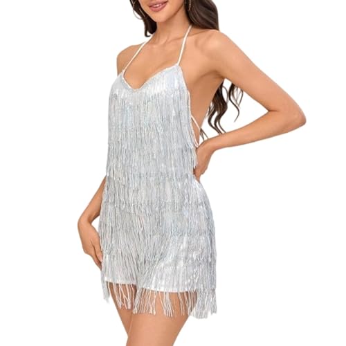 Image of Women's Sequin Fringe Romper Jumpsuit Backless Shorts Dress Sparkly Glitter Jumpsuits Disco Outfit Nightclub Party