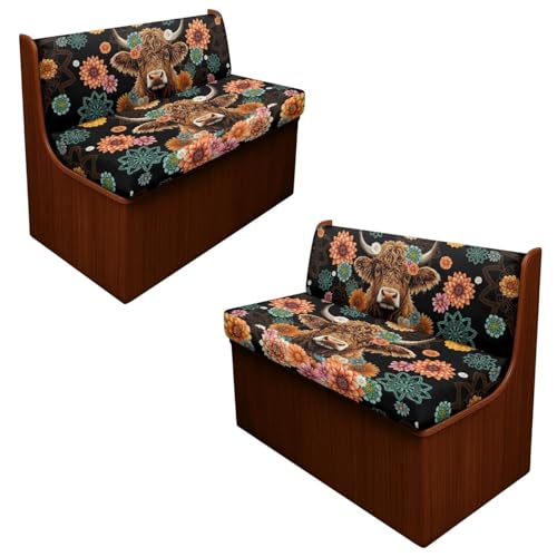Knextrepoy Highland Cow RV Dinette Cushion Covers 4 Pcs 2 Bench Cover and 2 Backrest Cover, Comfortable Boho Flower Camper Cushion Slipcovers for Outdoor Travel Accessories Decor
