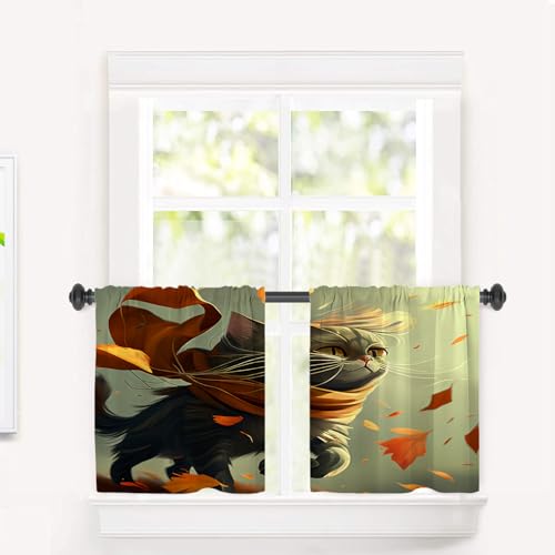 BaoNews Autumn Cats Cartoons Blackout Tier Curtains, Autumn Wind Maple Leaf Grey Background Half Window Drapes for Kitchen with Rod Pocket,Room Darkening 2 Pack 26X24 Inches