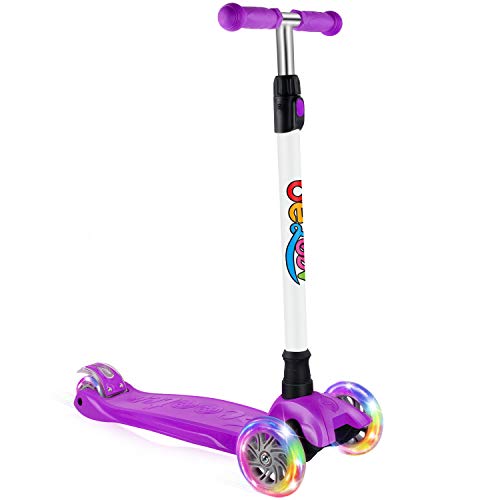 BELEEV Kick Scooter for Kids 3 Wheel Scooter, 4 Adjustable Height, Lean to Steer with PU LED Light Up Wheels for Children from 3 to 13 Years Old (Purple)