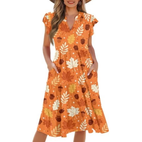 Image of Womens Summer Dress Ruffle Sleeve V Neck Dress Casual Fit Flowy Beach Vacation Sundress with Pocket S-2XL