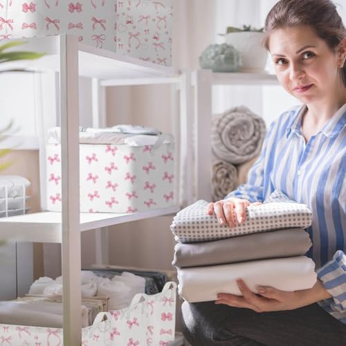 Image of Chunful 4 Pcs Coqutte Pink Bow Storage Baskets Cute Preppy Pink Hamper Storage Bins Foldable Laundry Baskets with Handle Collapsible Organizer for Home Bathroom, Offices, Bedrooms