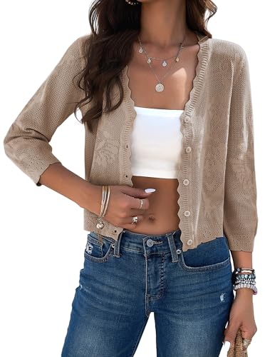 Image of Women Crop Cardigan Sweaters Lightweight 3 /4 Sleeve Button Up Crochet Shrug | Textured Bolero For Dresses Dressy Casual, V Neck, Ladies Eyelet Shawl Thin Trendy