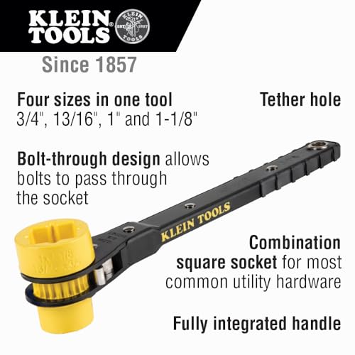 Image of Klein Tools KT151T Lineman's Ratcheting Wrench with Bolt-Through Design, 3 /4-Inch, 13 /16-Inch, 1-Inch x 1-1 /8-Inch Combination Square Socket