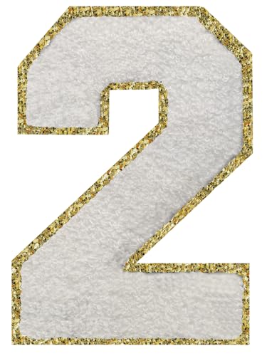 Iron on Number Patch 3Pcs Varsity Glitter Chenille Number Patches 4.5 inch Varsity Sew Number for Clothing Backpacks Team Costume Decoration Golden Edge White 2
