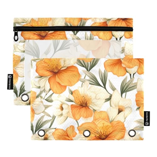 Astuccio per raccoglitori a 3 anelli astuccio per matite con fiori arancioni per e cosmetici con cerniera trasparente per ufficio viaggi confezione da 2 Fiore