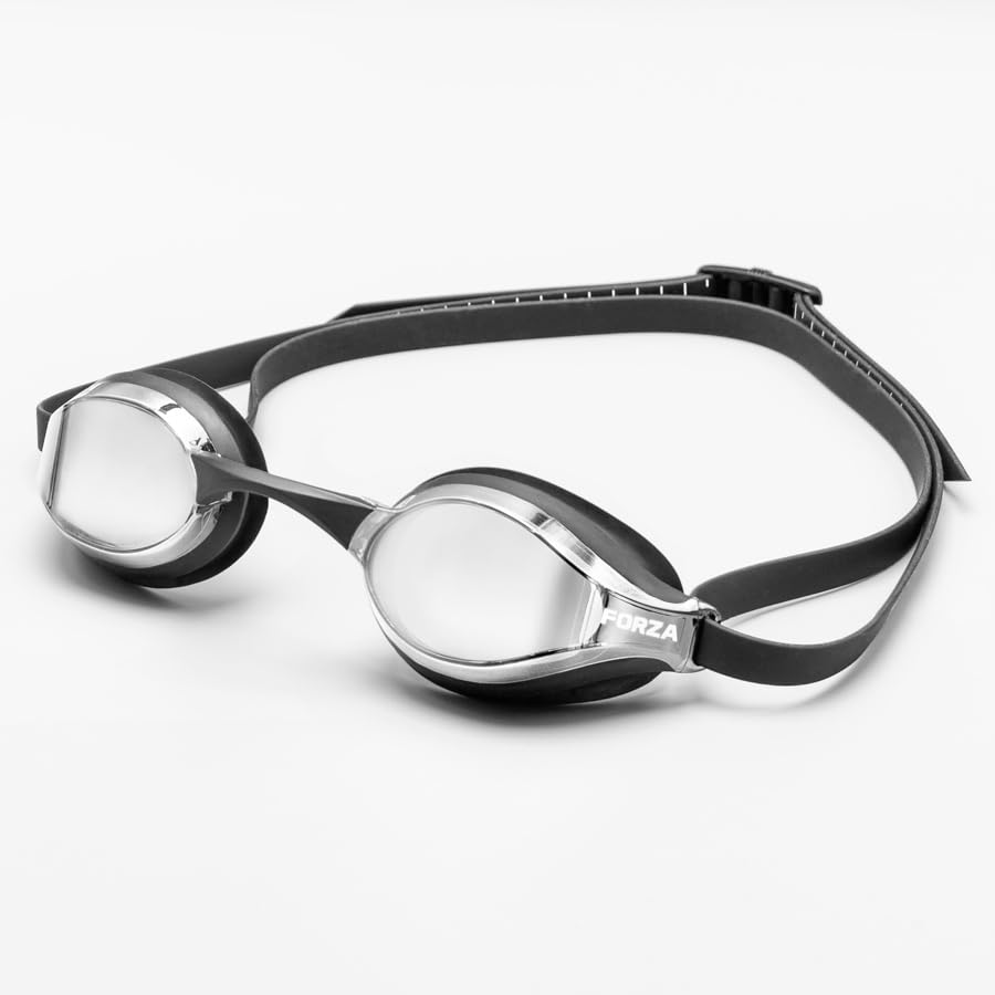 FORZA Adult Training Swimming Goggles | Anti-Fog Mirrored Lenses with UV Protection - Protective Case Included (1, Black/Silver)