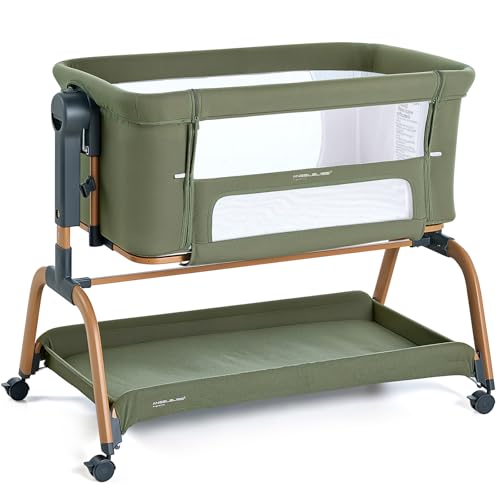 Image of ANGELBLISS 3 in 1 Baby Bassinet, Rocking Bassinets Bedside Sleeper with Comfy Mattress and Wheels, 6 Height Adjustable Easy Folding Portable Bedside Crib for Newborn Infant (Green)