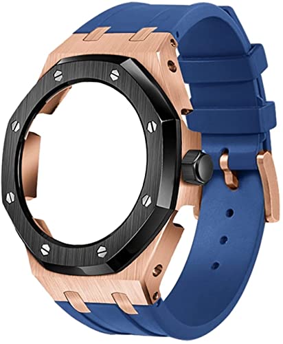 shuyao 4. Generation 316L Edelstahl roségoldene Lünette mit Gummiband, Metallverschluss für GA2100/GA-2110 (Farbe: Marineblau) Cover