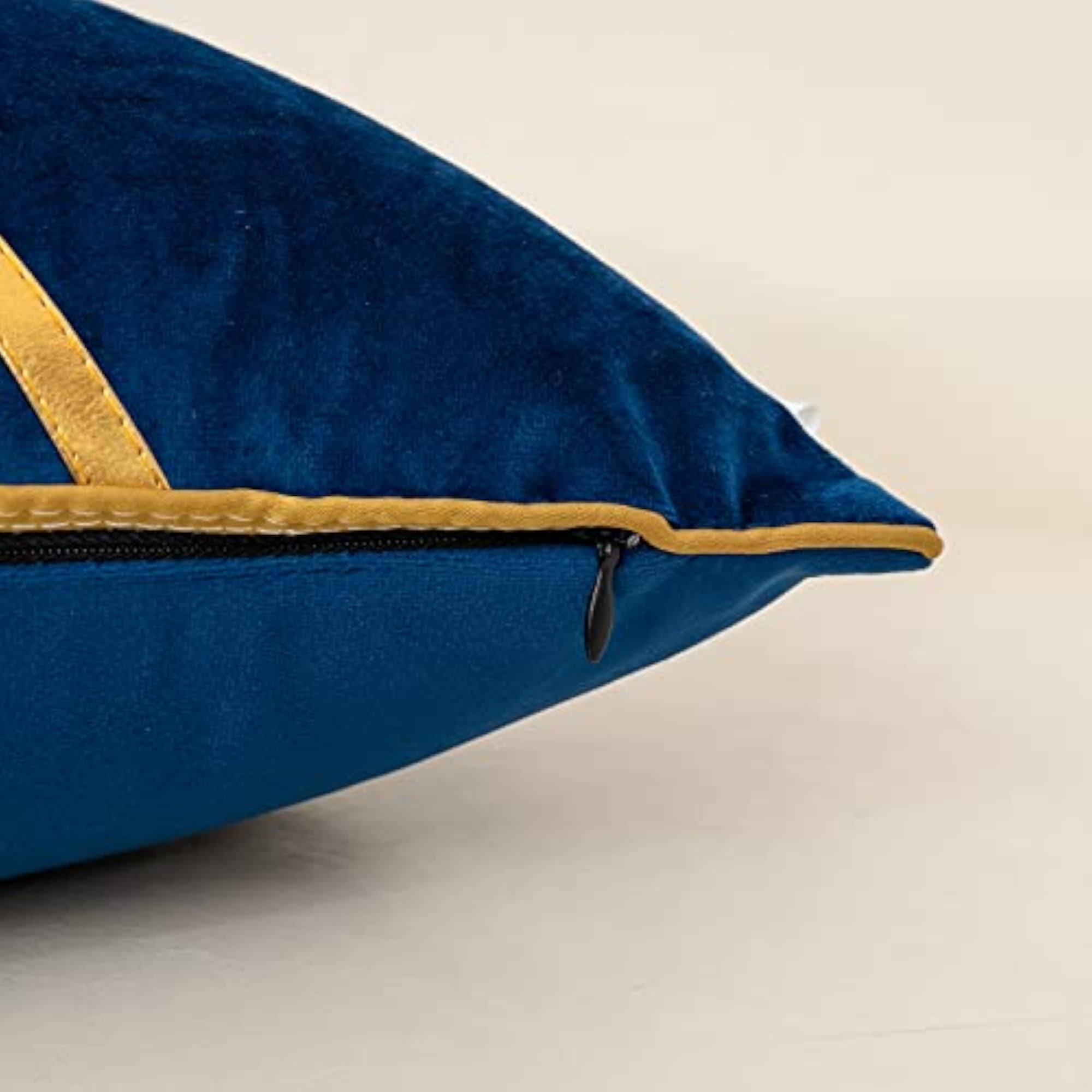 Navy Blue Beige Gold Leather Patchwork Velvet Cushion Case