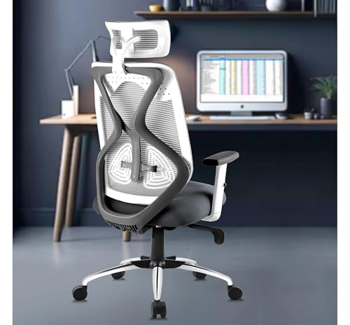 Image of Ergonomic Office Chair for Home & Office | Adjustable Headrest, Armrests & Lumbar Support | Mesh Back | Tilt Lock Mechanism | Heavy Duty Chromium Metal Base, Grey