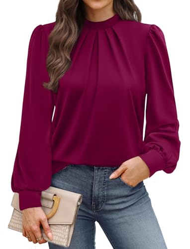 Image of WIHOLL Long Sleeve Shirts for Women Mock Neck Tops Pleated Front Blouses Dressy Casual Spring Fall Clothes 2026 Fashion