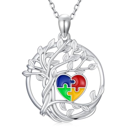 Autism Awareness Necklace Gifts for Women 925 Sterling Silver Puzzle Piece Colorful Pendant Autism Mom Jewelry Inspirational Gift for Autistic