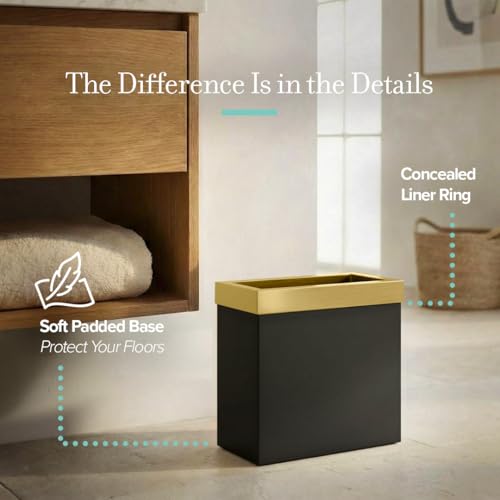 Image of Gatco Small Bathroom Trash Can With Lid, Rectangle 3 Gallon Stainless Steel Wastebasket, Under Sink, Matte Black And Brushed Brass, For Bathroom, Bedroom, Office (1938)