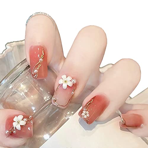 Flower Press on Nails Short Fake Nails with Glossy, Three-dimensional Full Cover Stick on Nails, Gradient Color False Nails, Square Design Nail Tips, for Women Cute Acrylic Nails Decoration 24Pcs（Red）