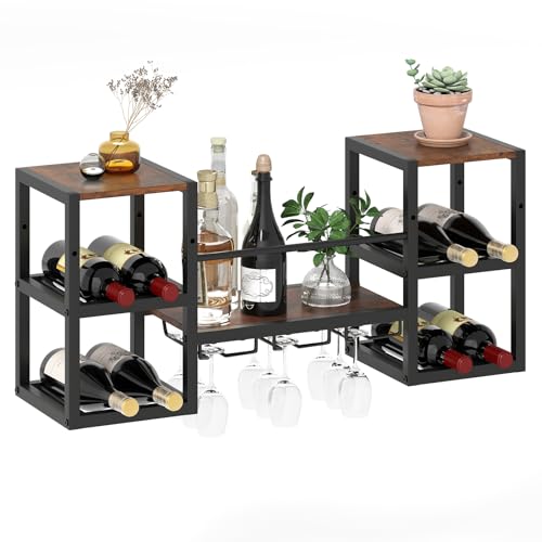 Giantex Wine Rack Wall Mounted, 3-Tier Metal Hanging Wine Rack with 3 Glass Holders, 8-Bottle Wine Display Storage Shelf, Heavy-Duty Wall Wine Floating Shelves for Kitchen Bar Dining Room
