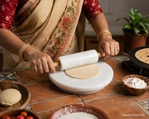 Image of White Marble Chakla Belan Set | 9 Inch Marble Chapati Board /Chapati Board & 12 Inch Belan| Traditional White Marbles Chakla for Kitchen Roti Making