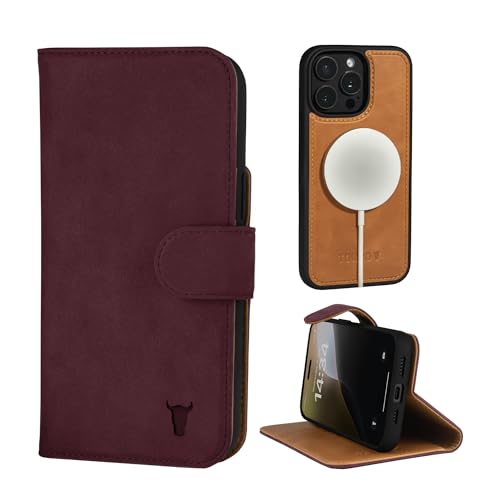 TORRO Nubuck Leather Case Compatible with iPhone 15 Pro – Leather Bumper Case with Magnetically Detachable Wallet Cover with Kickstand (Compatible with Official MagSafe Chargers) - Maroon