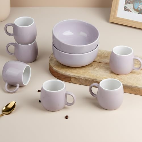 Image of The Earth Store Solid Lavender Snack Bowl & Tea Cup Combo | 2 Bowls 500ML & 6 Cups 190ML | Microwave & Dishwasher Safe - Multipurpose Combo for Gifting, Coffee, Snacks