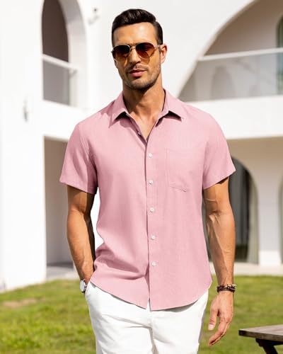 Image of Alimens & Gentle Mens Linen Shirts Short Sleeve Button Down Shirts Wrinkle Free Casual Vacation Beach Summer Tops