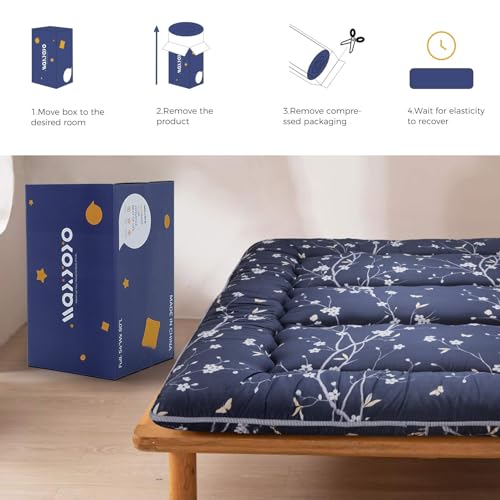 Navy Floral Printed Japanese Floor Mattress Rustic Style Memory Foam Futon Mattress Foldable Bed Roll Up Camping Mattress Floor Lounger Bed Couches and Sofas 4 Inch Mattress Topper Twin Size