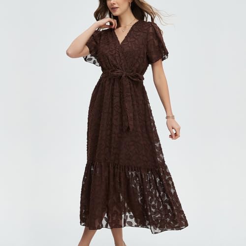 Image of Women's Summer Bohemian Floral Chiffon Dress Cap Sleeve V Neck Ruffle Long Flowy Boho Casual Vacation Dresses