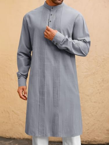 Image of Runcati Mens Kaftan Robe Button Down Long Sleeve Cotton Linen Thobe Casual Muslim Gown Henley Shirt