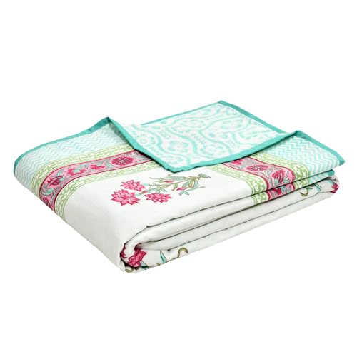Image of BLOCKS OF INDIA 100% Cotton Dohar King Size Reversible Hand Block Printed Malmal Summer Dohar /Blanket (Turquoise Flower)