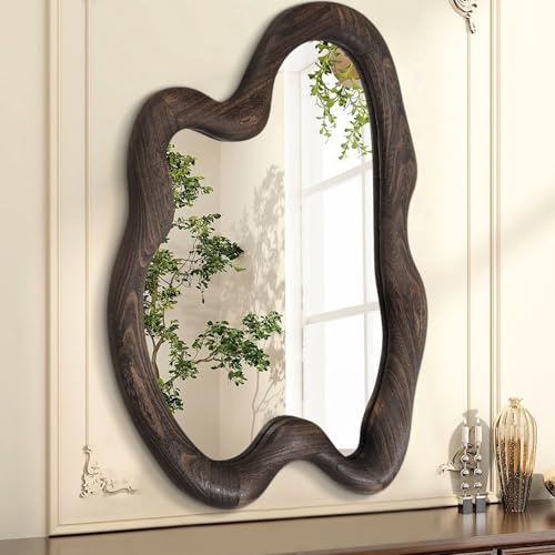 AAZZKANG Grande specchio da parete con cornice in legno irregolare, vintage, 80 x 60 cm, asimmetrico, da appendere, per bagno, camera da letto, soggiorno, ingresso