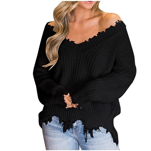 Heevina Sweaters for Women Off Shoulder V Neck Knitted Knit Ripped Loose Long Sleeve Base Winter Fall Jumpers Sweater