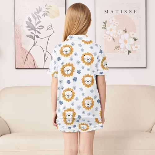 Cartoon Cute Lion Face Prints Summer Satin Pajama Set, Cute Button-Down Sleepwear Pj Set for Sleep Wears4