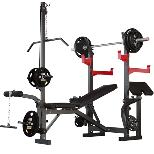 10-in-1 Adjustable Weight Bench Set, 1000 LBS Heavy Duty Multi-Function Bench Press Set with LAT Pulldown System and Squat Rack, Full-Body Strength Training Equipment for Home Gym