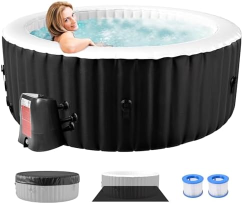 Round Inflatable Hot Tub, 2-4 Person Portable Blow up Hot Tub, Leak-Proof PVC Outdoor Spa with 120 Air Jets, Insulated Cover & Heater Pump, 71” X 71” X 25”
