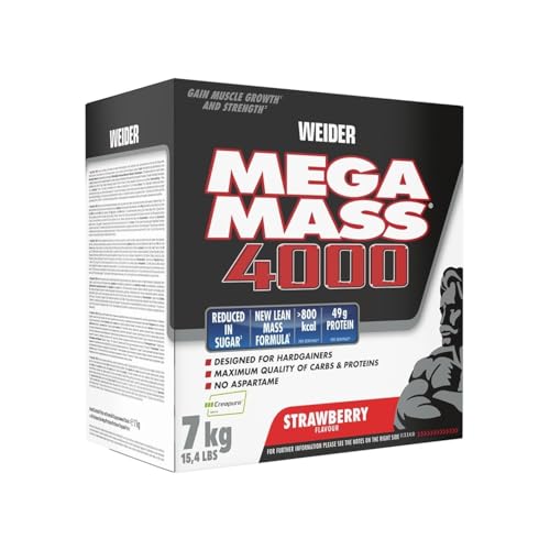 Weider Mega Mass 4000 - Weight Gainer Pulver mit 48g Protein & Kreatin pro Portion - Für Muskelaufbau & hohe Kalorienaufnahme - 7kg - Erdbeere