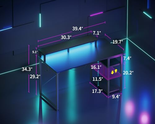 MOTPK 40 Inch Small Gaming Desk with Storage & Led Lights, Computer Desk with Shelf, Reversible Gamer Desk with Monitor Stand, Carbon Fiber Texture Black