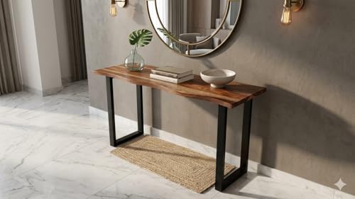 Image of Solid Sheesham Wood Console Table for Living Room | Entryway Hallway Sofa & Fish Tank Table | Handcrafted Wooden Accent Furniture for Foyer Corridor & Behind Couch | Light Walnut Finish