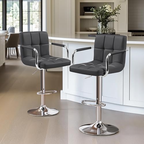 Image of Yaheetech Bar Stools Set of 2, Swivel with Backs, Adjustable Height, Gray