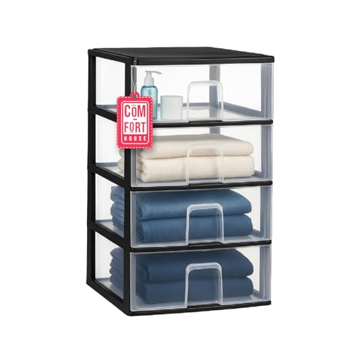 Cajonera Plástico 4 Cajones Negro - Organizador Almacenamiento Ropa Dormitorio Escritorio - 37x38x62.8cm - Montaje Fácil - COM-FORT HOUSE