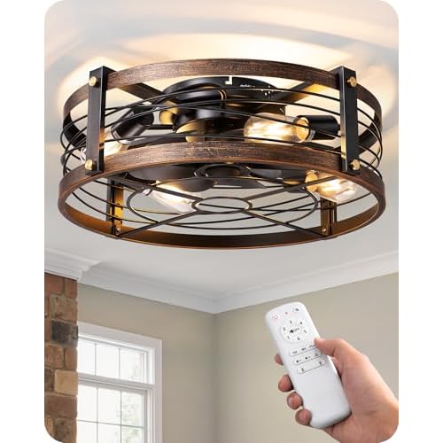 EDISHINE 21" Pre-Assembled Ceiling Fans with Lights Flush Mount, 10%-100% Dimmable, Rustic Low Profile Caged Ceiling Fan with Remote, Small Farmhouse Fan Light Ceiling for Kitchen Bedroom Br