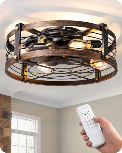Image of EDISHINE 21 inch Pre-Assembled Ceiling Fans with Lights Flush Mount, 10%-100% Dimmable, Rustic Low Profile Caged Ceiling Fan with Remote, Small Farmhouse Fan Light Ceiling for Kitchen Bedroom Brushed Gold