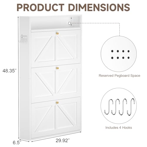 Image of Modern Slim Shoe Organizer, 3 Flip Shoe Cabinet with Open Storage, Narrow Shoe Rack for Entryway, Front Door, Living Room, White